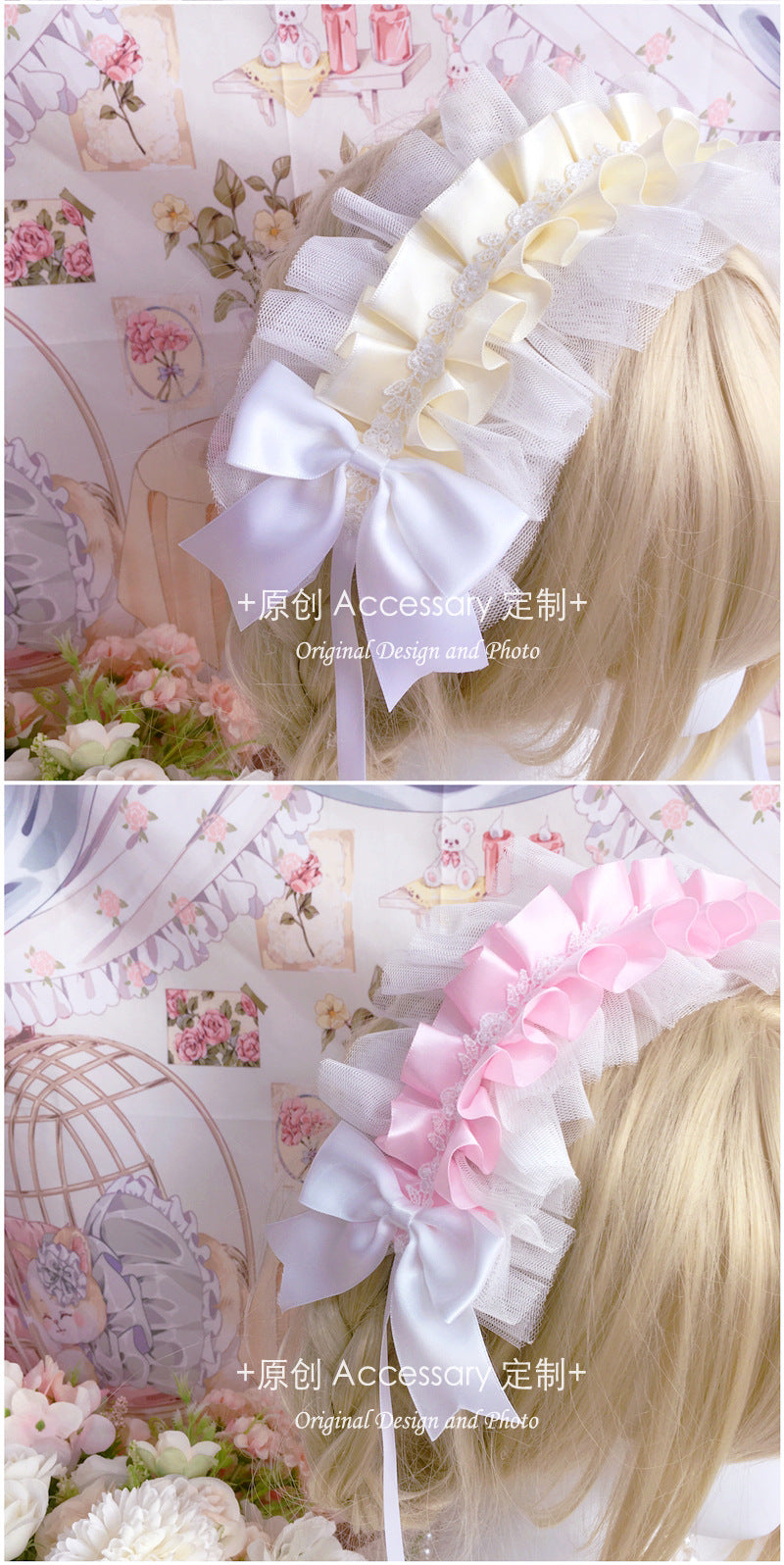 Homemade Doll-Style Lace Headband Lolita Hair Accessory Natural Color Hair Ornament Pink and White Bridal Handmade Small Item