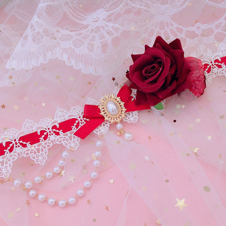 Christmas Lolita Handmade Necklace Pink Bridal Flower Necklace Tea Party Lace Pendant Pearl Choker