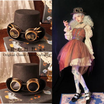 Handmade Steampunk Lolita Top Hat Dark Gothic Gear Glasses Punk Hat Vintage Accessories