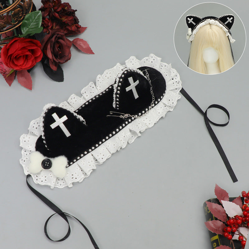 Dark Gothic Style Rivet Cat Ear Headband Metal Cross Cat Girl Hair Accessory Subculture Punk Cat Ear Headwear - Lolita Fetch