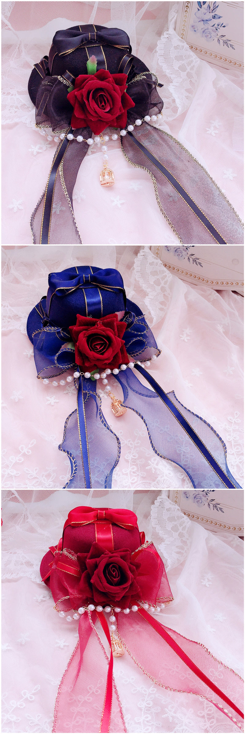 Handmade small Gothic Lolita hat with cyan and burgundy flower accents, versatile pill crown headwear for Lolita fashion by LolitaFetch.
