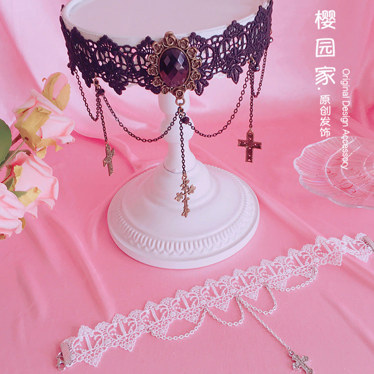 Gothic Retro Cross Choker Soft Girl Lolita Lace Short Necklace Collarbone Chain Accessory