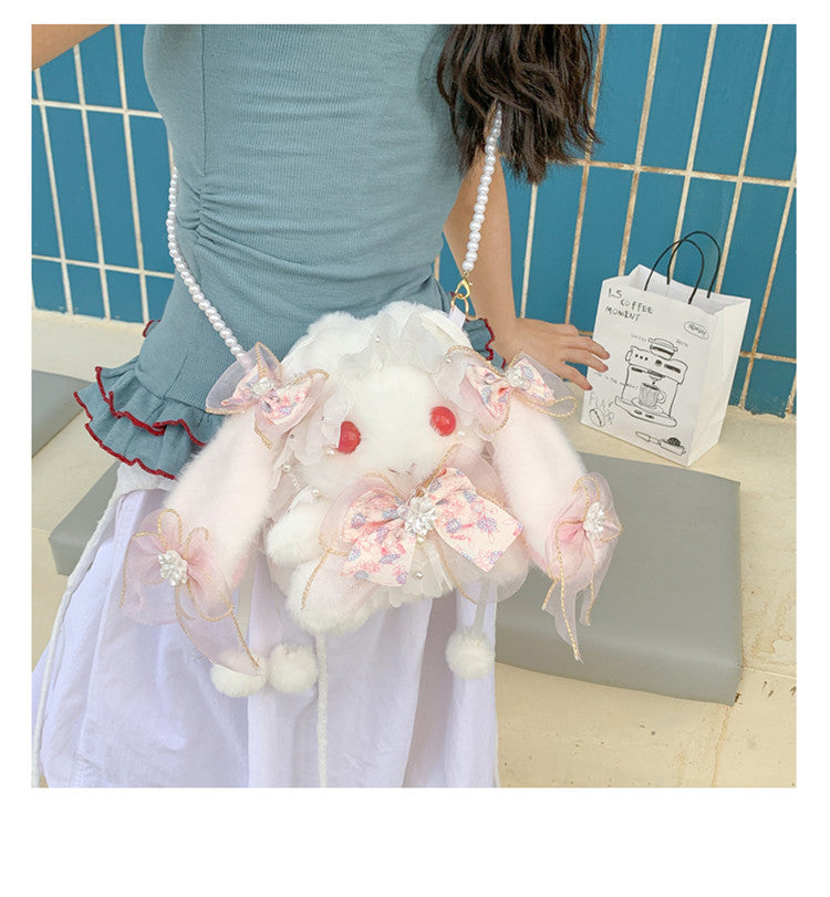 Lop-Eared Bunny Lolita Pearl Chain Doll Bag – 2025 Cute Bow Plush Shoulder Bag