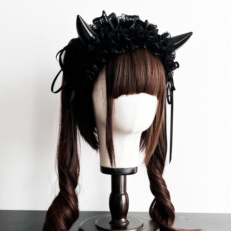 MAID - Devil Horn - Gothic Lolita Lace Hairband with Horns and Rose Accents - product detail 6