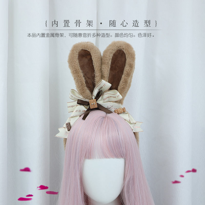 Handmade Japanese JK Style Lolita Hair Accessories Chocolate Bunny Plush Bunny Ears Headband Bangs