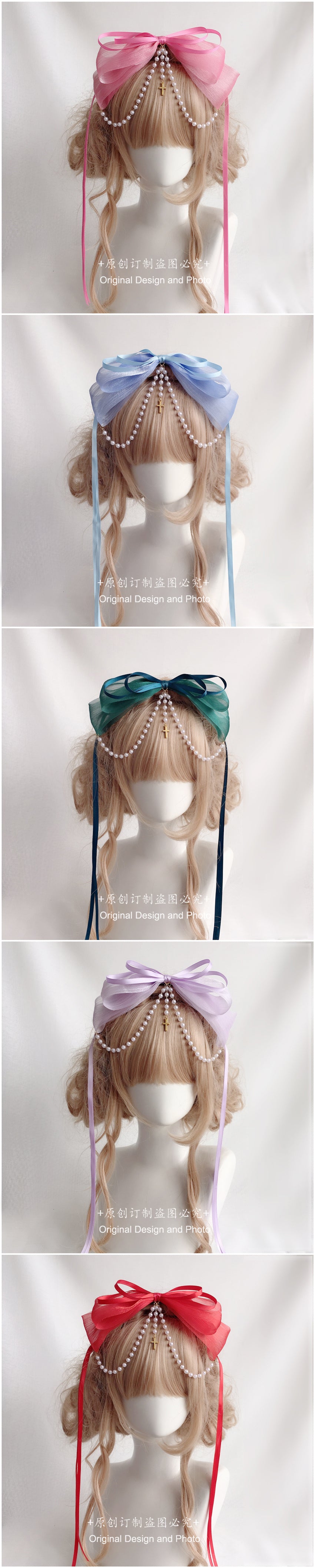 Handmade Lolita double layer bow ribbon headband with pearl cross pendant, featuring a decorative headdress design