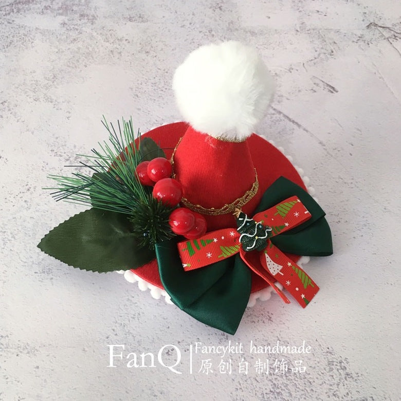 FanQ Handmade Christmas Bowknot Bunny Ear Headband KC - Small Snowball & Small Hat Lolita Hair Clip Accessory