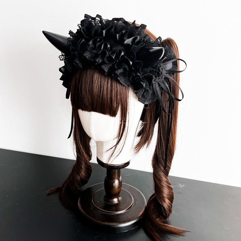 Original Handmade Lolita Multi-color Devil Horn Gothic Headband Multi-layer Lace Trim Hair Accessory