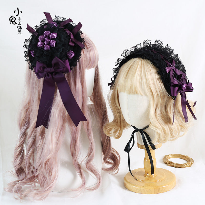 Black and purple gothic doll rose headdress with hair clip and headwear, featuring intricate LolitaFetch design and floral accents.