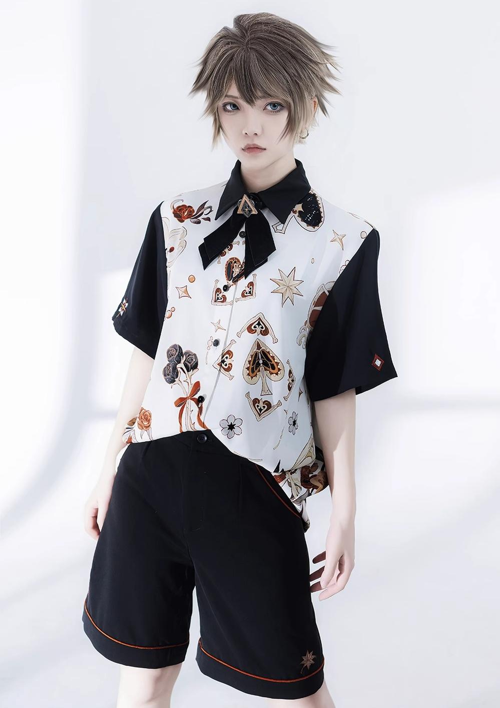 Princess Chronicles - Floral Intoxication - Retro Ouji Lolita Shirt Floral Short Sleeve Shirt and Embroidered Black