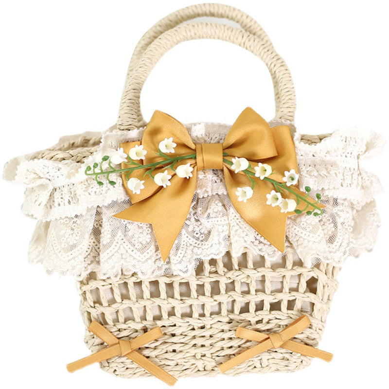 Original Lolita Mori Style Lily of the Valley Lace Beach Pastoral Straw Bag Rattan Bag Handheld Woven Bag Crossbody Bag