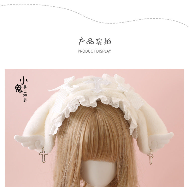 Lolita Bunny Ear Headband Subculture Cute Plush Angel Wings Lolita Hair Accessory Lolita Headwear
