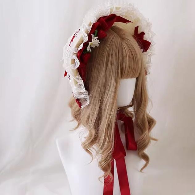 Xiaogui - Sweet Lolita Hat Strawberry Bonnet - with Lace and Bow Headwear