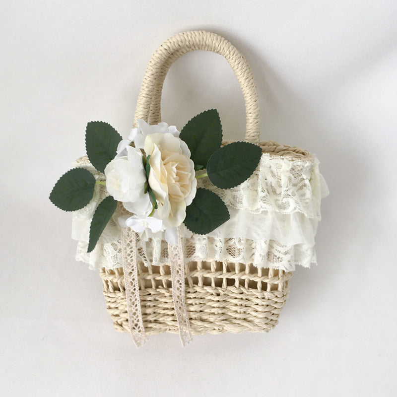 Handbag Paper Straw Woven Original Handmade Lace Flower Lolita Soft Girl Pastoral Style 2022 New Beach Bag - Lolita Fetch