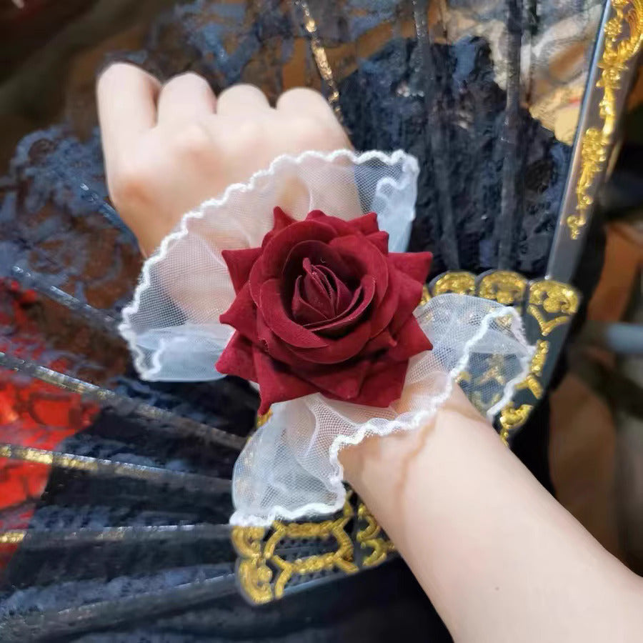 Dark Lolita Lace Wrist Cuffs for Women, Burgundy Rose Dress Cuffs with Wrist Flowers