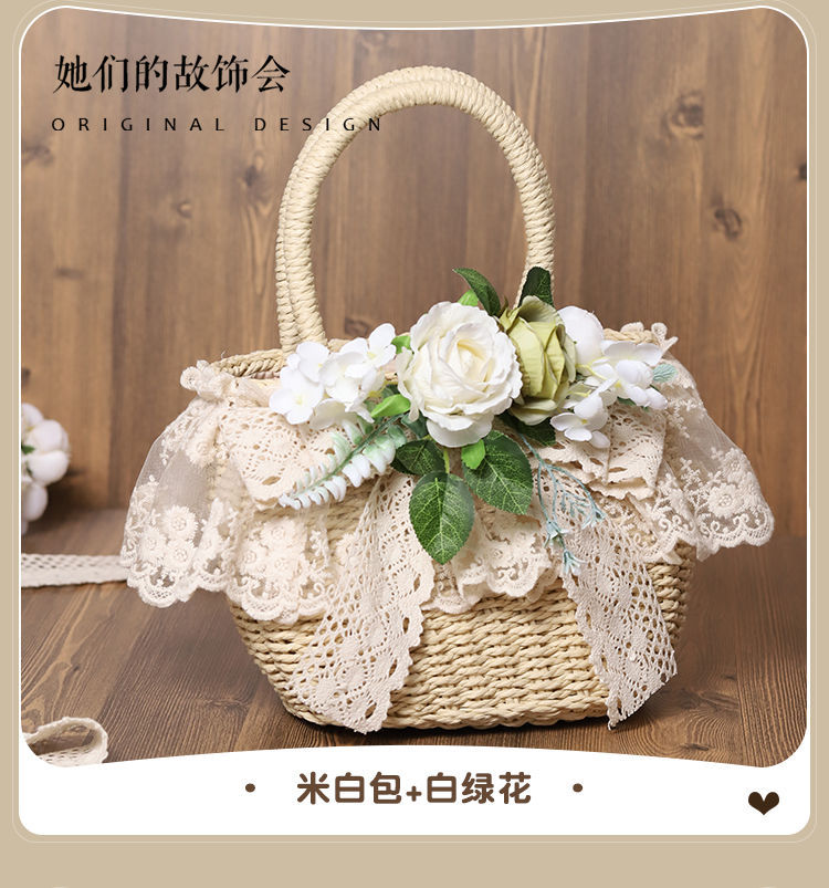 Handmade straw tote bag with lace and artificial flowers, LolitaFetch soft girl beach handbag for a pastoral, vintage-inspired look