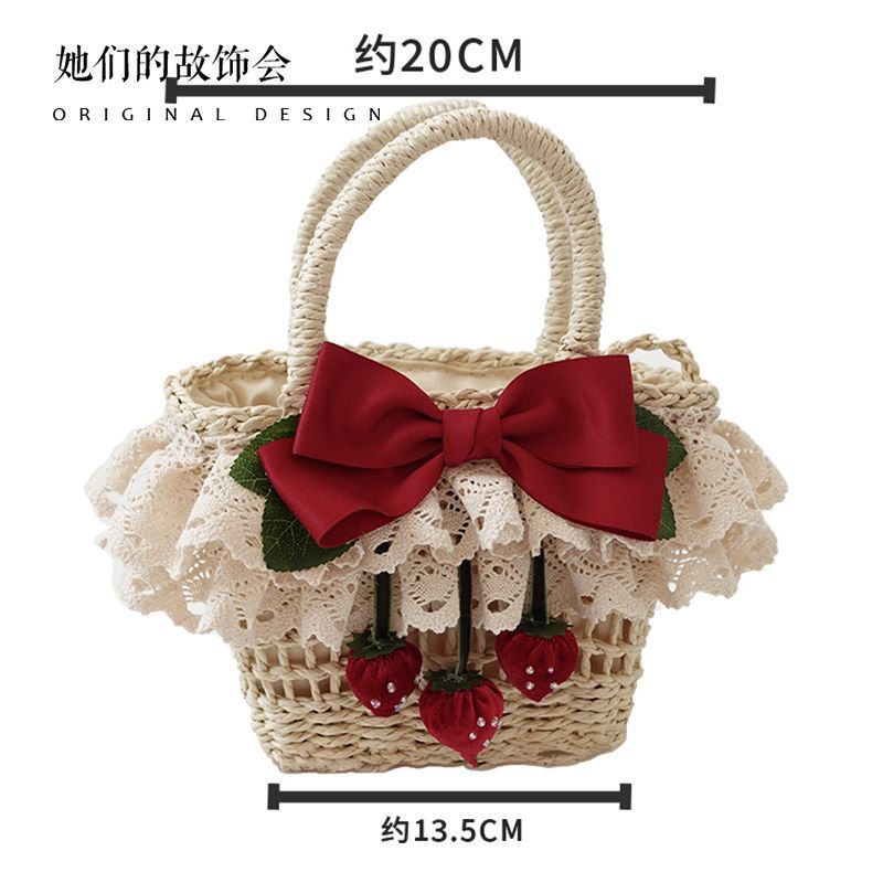 Lolita Bag for Women 2022 New Strawberry Flower on the Hill Handmade Small Item Lolita Spring Outing Straw Bag - Lolita Fetch