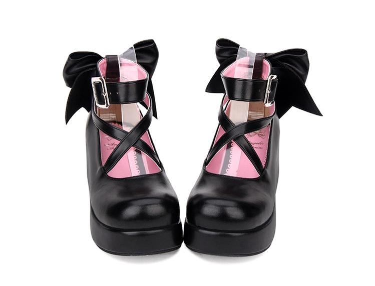 Angelic imprint - Daily Lolita Leather Shoes Platform - Medium Heel Big Bow Shoe Shoes