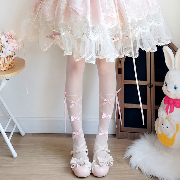 Floral Milk Cat Sakura Knot ballet-style pantyhose with pink ribbon bows