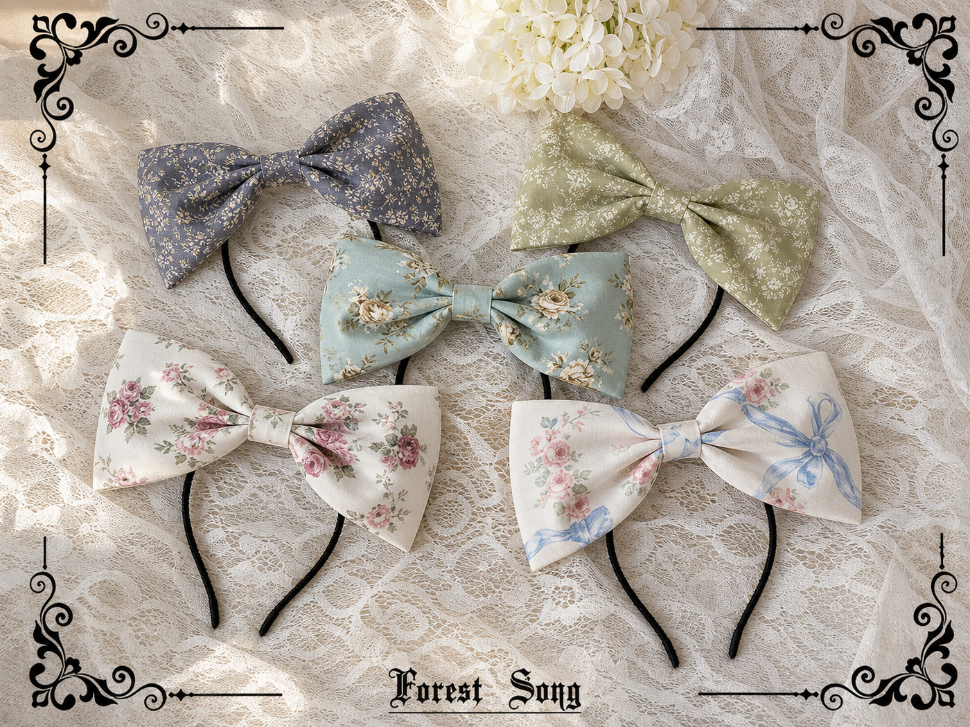 Forest Song Pastoral Poem floral bow headbands in five colorways