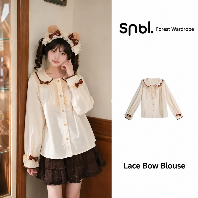 Forest Wardrobe apricot lace-and-bow blouse, complete front styling view and supplier cutout.