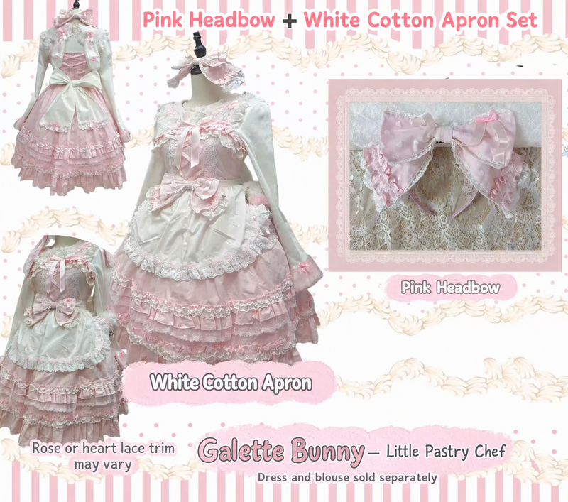 Galette Bunny Little Pastry Chef — Pink Headbow + White Cotton Apron Set