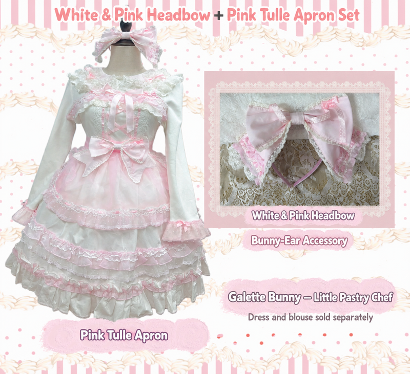 Galette Bunny Little Pastry Chef — White & Pink Headbow + Pink Tulle Apron Set