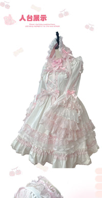 Galette Bunny — Pearl Ribbon Hime Long-Sleeve Lace Blouse - White & Pink / S