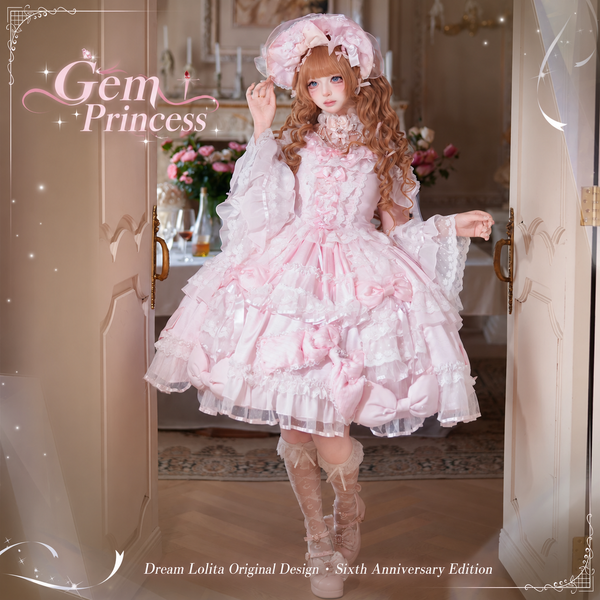 Gem Princess pink Lolita JSK with sheer overlay and coordinated bonnet, Dream Lolita sixth anniversary design