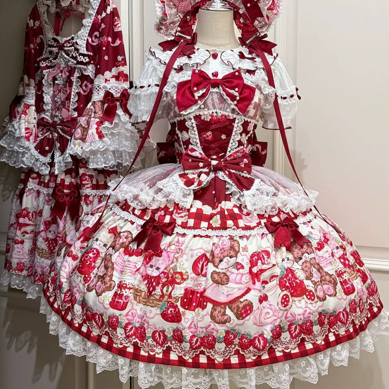Hanguliang Berry Bunny Bear JSK Dress - Red JSK + Red Train - product view 19