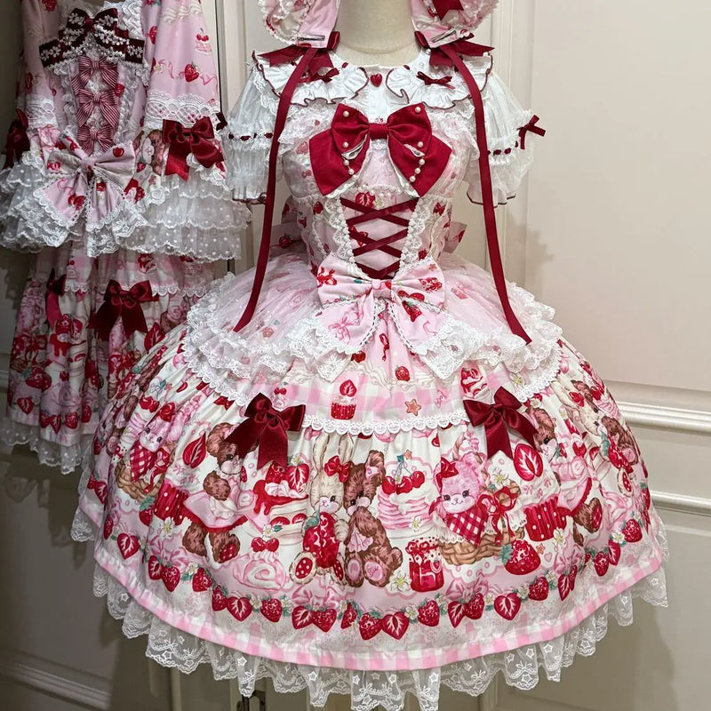 Hanguliang Berry Bunny Bear JSK Dress - Pink JSK + Pink Train + Gift Box - product view 22