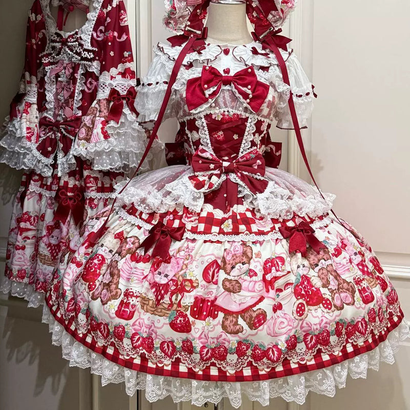 Hanguliang Berry Bunny Bear JSK Dress - Red JSK + Red Train + Gift Box - product view 24