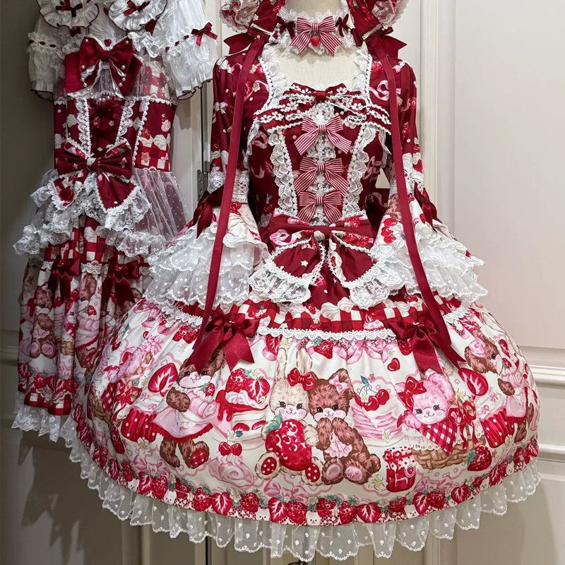 Hanguliang Berry Bunny Bear OP Dress - Red OP Dress + Red Train + Gift Box - product view 21