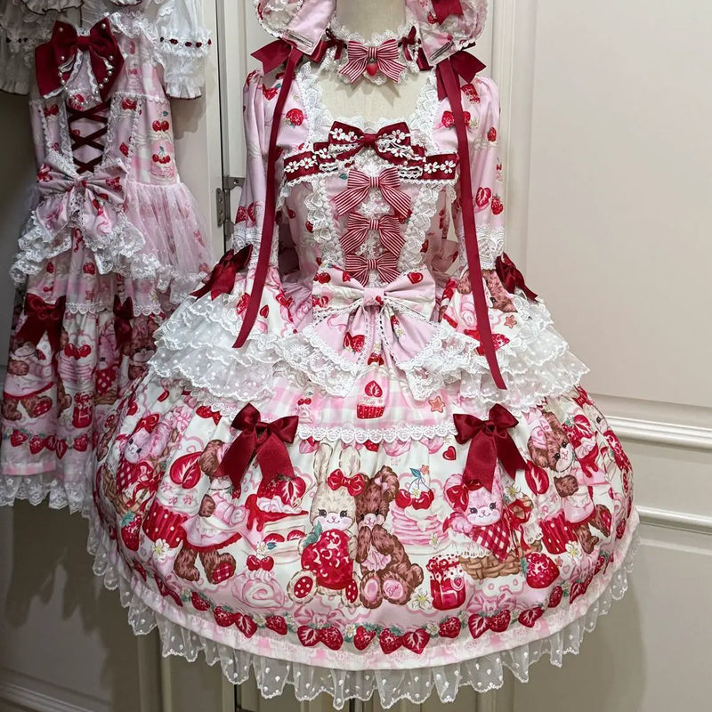 Hanguliang Berry Bunny Bear OP Dress - Pink OP Dress + Pink Train + Gift Box - product view 22