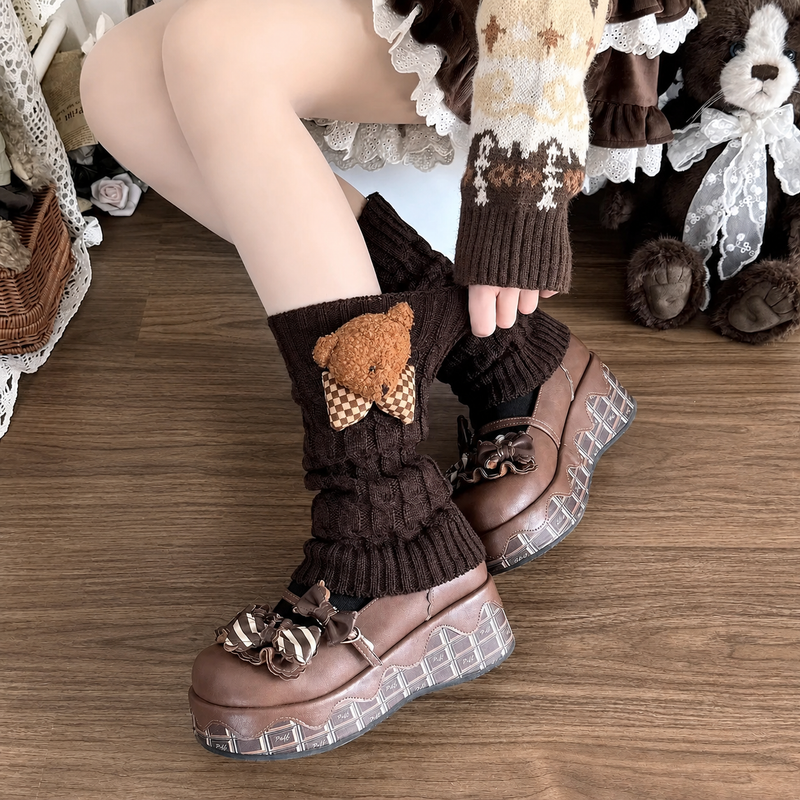 Honey Teddy Bear brown ribbed knit leg warmers with checked bow