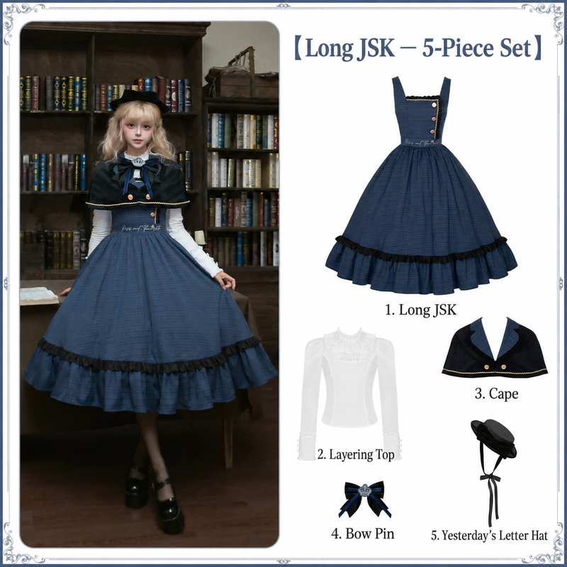 Letters & Verse Hyde Diary long JSK five-piece set contents; layering top, cape, bow pin and Yesterday's Letter hat