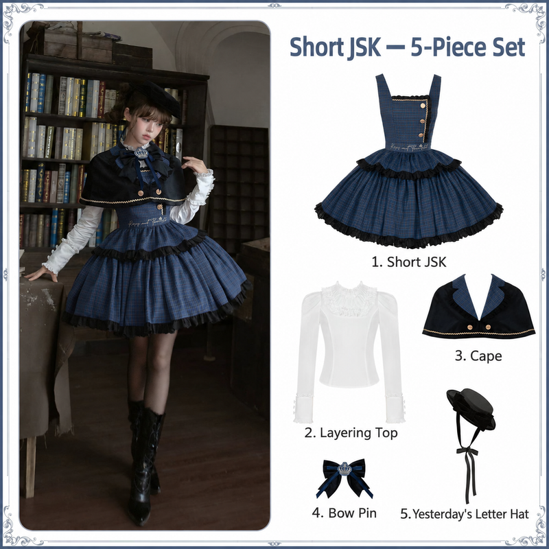 Letters & Verse Hyde Diary short JSK five-piece set contents; layering top, cape, bow pin and Yesterday's Letter hat