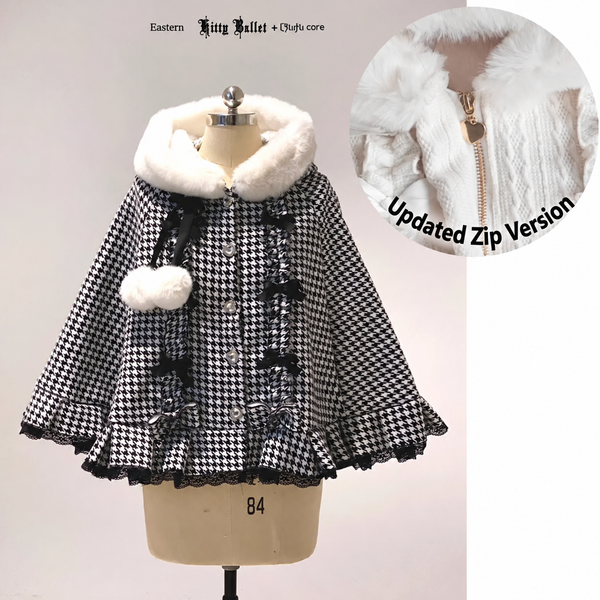 Kitty Ballet black houndstooth hooded cape with updated zip detail