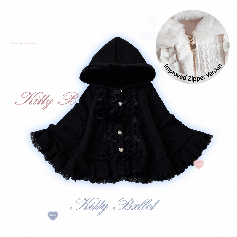 KittyBxllet black hooded plush-trim Lolita cape with improved zipper version detail