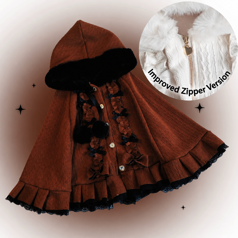 KittyBxllet brown hooded plush-trim Lolita cape with improved zipper version detail