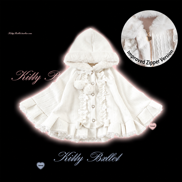 KittyBxllet white hooded plush-trim Lolita cape with improved zipper version detail