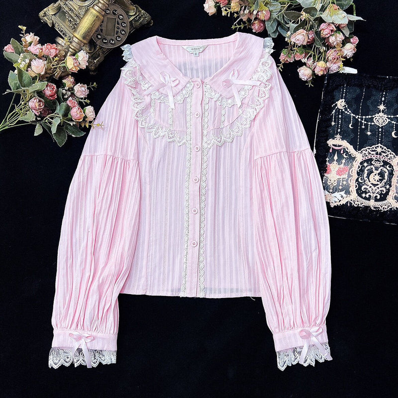Di Meng Fen Shi Xia Meng Dou blouse - Pink - White Lace - Long Sleeve