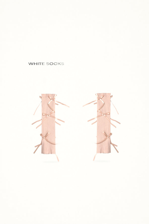 White Socks - Ribbon Bow - Ribbed Mid-Calf Socks