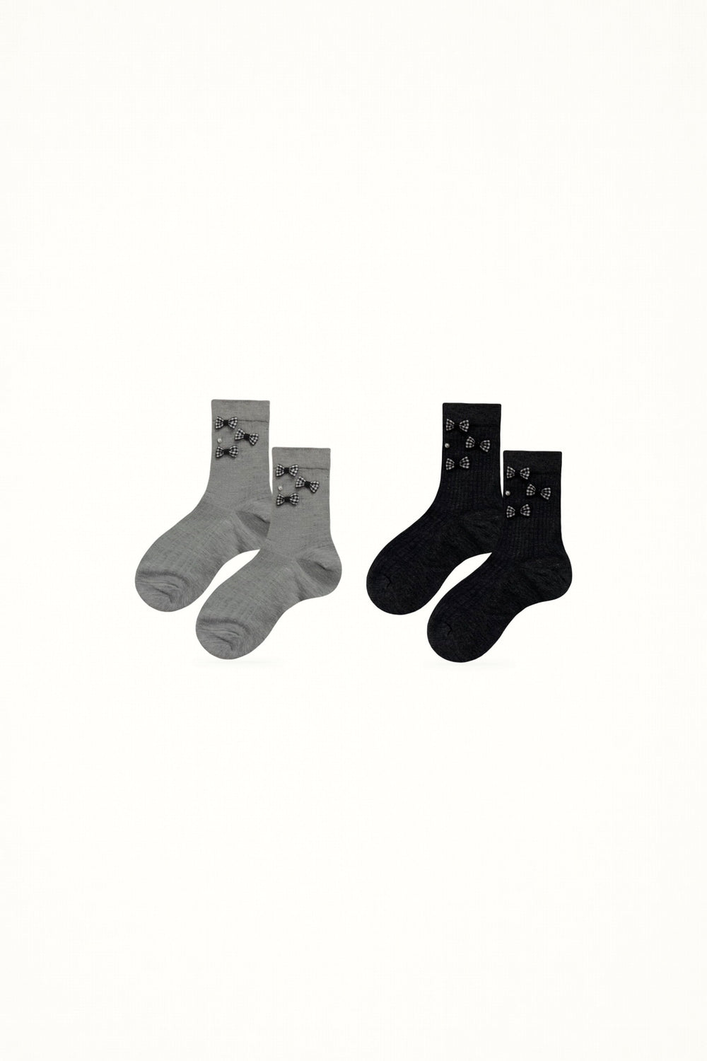 White Socks - Gingham Bow - Ribbed Mid-Calf Socks