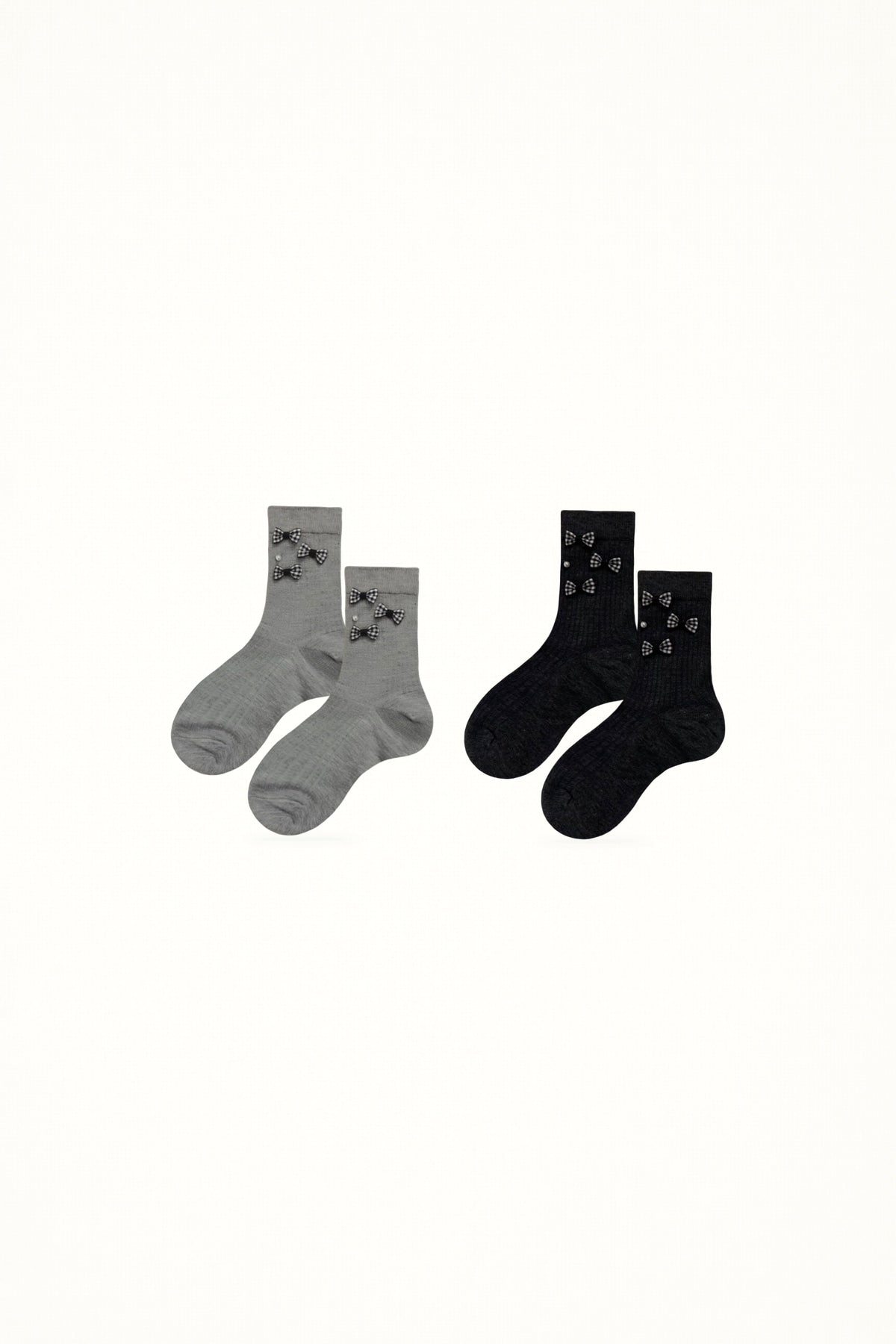 White Socks - Gingham Bow - Ribbed Mid-Calf Socks