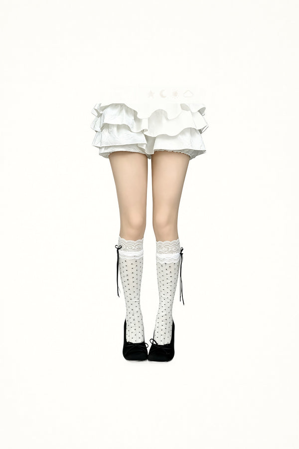 White Socks - Polka Dot Lace Bow Knee-High Socks - White