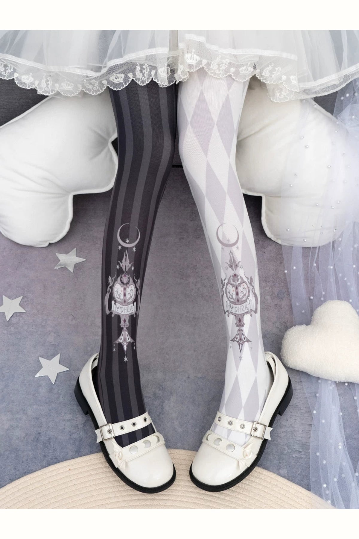 Yidhra Midnight Circus stripe and diamond printed Lolita tights