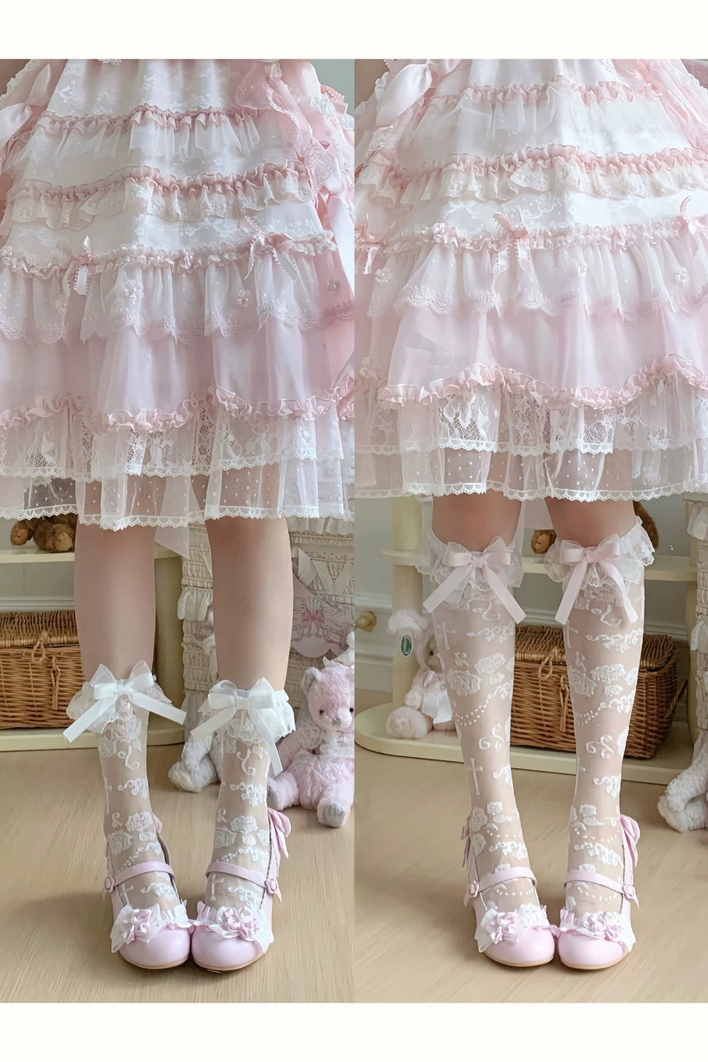 ROJI Winding Rose sheer lace socks styled comparison view