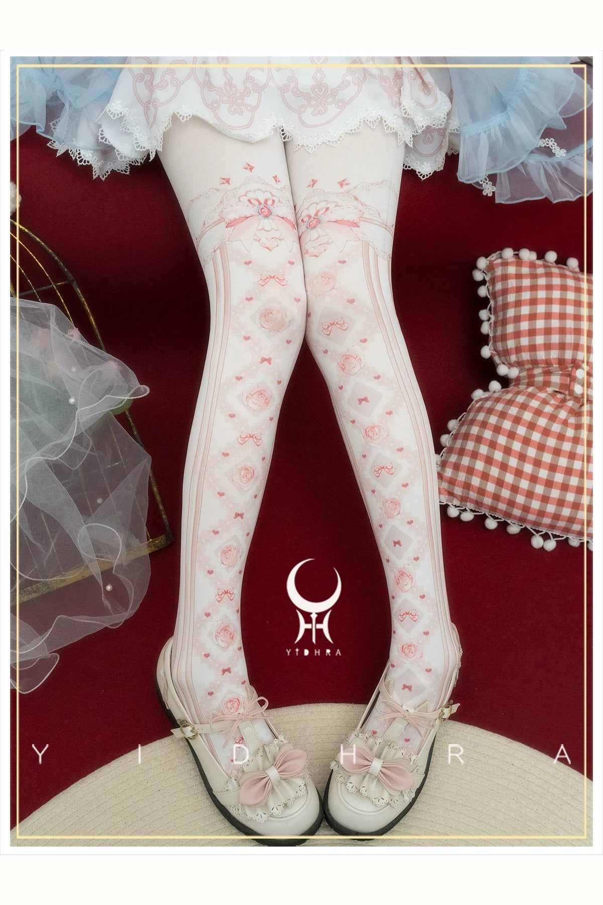 Yidhra Sweet Interlace rose print tights styled product view
