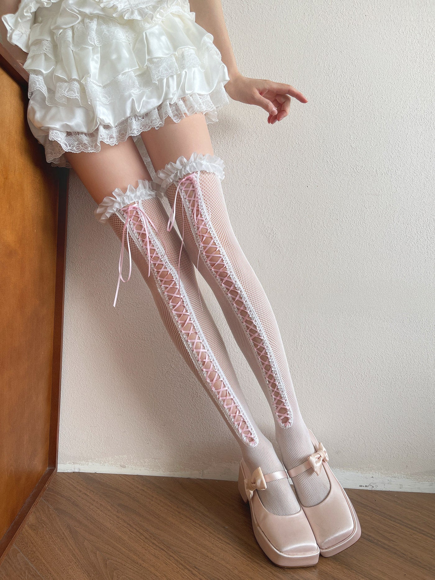 Black style Y2K ballet lace over-knee sock with criss-cross ribbon lacing and ruffled trim